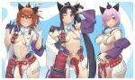  3girls @_@ arm_up armor ass_visible_through_thighs asymmetrical_sleeves bangs black_gloves black_hair blue_eyes blue_panties blush bow bow_panties breast_curtains breasts circlet contrapposto cosplay cowboy_shot detached_sleeves double_v fate/grand_order fate_(series) fujimaru_ritsuka_(female) gloves hair_between_eyes hair_ornament hair_over_one_eye hand_on_hip hat highres japanese_armor kusazuri large_breasts light_purple_hair long_hair long_sleeves looking_at_viewer mash_kyrielight midriff mismatched_sleeves multiple_girls navel one_eye_closed open_mouth orange_hair panties parted_lips pink_panties pinta_(ayashii_bochi) purple_eyes revealing_clothes short_hair showgirl_skirt side_ponytail sideboob single_glove stomach sweatdrop thighs underwear ushiwakamaru_(fate) ushiwakamaru_(fate)_(cosplay) v very_long_hair white_panties 