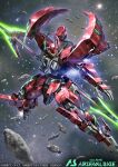  absurdres assault_visor asteroid copyright_name darilbalde double-blade gundam gundam_arsenal_base gundam_suisei_no_majo highres holding holding_polearm holding_weapon horns logo mecha morishita_naochika no_humans official_art open_hand polearm robot science_fiction single_horn solo space weapon 