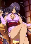  1girl antenna_hair bare_legs breasts bridal_gauntlets china_dress chinese_clothes cleavage cleavage_cutout clothing_cutout dress floating_hair grey_eyes hair_over_one_eye ikkitousen kan&#039;u_unchou large_breasts leg_up long_hair low-tied_long_hair obi open_mouth panties pantyshot pink_dress purple_hair sash shiny shiny_hair shiny_skin short_dress sleeveless sleeveless_dress solo underwear very_long_hair white_panties 