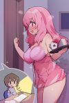  1boy 1girl :3 :p =_= babydoll bangs blush breasts brown_hair chibi coffee coffee_mug commission cup door door_knocker food hair_between_eyes heavy_breathing holding holding_tray hoshino_maki_osamu hungry large_breasts long_hair mug navel nervous open_mouth panties pink_babydoll pink_eyes pink_hair pixiv_request red_eyes sandwich starmine_(manga) stomach stroma studying thighs tongue tongue_out tray underwear window wooden_door |_| 