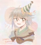  1other androgynous ascot birthday brown_ascot brown_coat brown_scarf coat collared_shirt grey_eyes grey_hair happy_birthday hat highres houlen_yabusame lakenightbug len&#039;en light_blush open_mouth party_hat scarf shirt short_hair_with_long_locks smile solo upper_body 