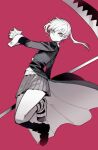  1girl :o bangs gloves highres holding holding_scythe jacket long_sleeves looking_at_viewer maka_albarn medium_hair miniskirt monochrome pleated_skirt ratatatat74 red_background scythe shiny shiny_skin shoes simple_background skirt solo soul_eater sweater twintails 