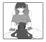  1boy chair closed_mouth expressionless greyscale holding komi-san_wa_komyushou_desu komi_shousuke male_focus mamimi_(mamamimi) monochrome shirt short_hair sitting solo wig 