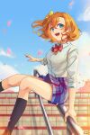  1girl :d bangs black_socks blue_eyes blue_skirt blue_sky bow bowtie brown_hair cherry_blossoms collared_shirt day dress_shirt floating_hair hair_between_eyes hair_bow kousaka_honoka love_live! love_live!_school_idol_project medium_hair miniskirt otonokizaka_school_uniform outdoors plaid plaid_skirt pleated_skirt red_bow red_bowtie school_uniform shiny shiny_hair shirt side_ponytail signature skirt sky sleeves_rolled_up smile socks solo stairs striped striped_bow striped_bowtie tinedesu white_shirt wing_collar yellow_bow 