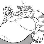  2022 animal_skin anthro bandai_namco black_and_white claws clothed clothing digimon digimon_(species) digital_media_(artwork) floofyboyetime fur gabumon gesture hi_res horn leotard male markings monochrome obese obese_anthro obese_male overweight overweight_anthro overweight_male scalie solo striped_markings stripes thumbs_up 