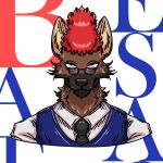  anthro beastars bombayeen_(artist) brown_body brown_fur clothing ears_up eyewear frohawk fur fur_markings glasses hair hyaenid hybrid male mammal markings mr.hakkai necktie red_hair school_uniform solo spots spotted_body spotted_fur topwear uniform ursid vest 