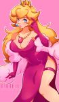  1girl blonde_hair blue_eyes collar crayon cresscin dress elbow_gloves fie gloves highres lipstick looking_at_viewer makeup mario_(series) pink_background pink_lips princess_peach solo 