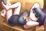  1girl absurdres bare_arms bare_legs bare_shoulders barefoot black_hair breasts cellphone convenient_breasts couch crossed_legs highres large_breasts looking_at_viewer lying original phone red_eyes shirt short_hair shorts smartphone soles solo toenails toes yuzu_gin_(pika97) 