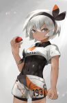  1girl absurdres bangs bea_(pokemon) black_bodysuit black_hairband bodysuit bodysuit_under_clothes bow_hairband clenched_hand collared_shirt commentary_request covered_navel grey_eyes hair_between_eyes hairband hand_up highres holding holding_poke_ball poke_ball poke_ball_(basic) pokemon pokemon_(game) pokemon_swsh print_shirt print_shorts shirt short_hair short_sleeves shorts side_slit side_slit_shorts solo tchairss white_hair 