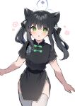 1girl :o animal_ear_fluff animal_ears bangs black_dress black_hair blue_archive bow dress green_bow green_eyes hair_between_eyes halo highres ikeuchi_tanuma long_hair looking_at_viewer parted_lips short_sleeves shun_(blue_archive) shun_(small)_(blue_archive) simple_background solo thighhighs twintails white_background white_thighhighs 