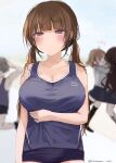  1girl absurdres arm_under_breasts bangs bare_arms bare_shoulders blunt_bangs blurry blurry_background blush breasts brown_eyes brown_hair buruma cleavage closed_mouth collarbone cowboy_shot highres large_breasts long_hair looking_at_viewer original outdoors solo_focus sportswear tank_top tsurime twintails twitter_username yukari_(rihenara_doll) 