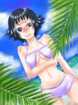  bare_shoulders beach bikini black_hair blue_eyes blush breasts capcom devil_may_cry devil_may_cry_3 female heterochromia lady lady_(devil_may_cry) midriff nature outdoors red_eyes scar short_hair sky solo sweet_sweet swimsuit water 