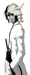  1boy arrancar black_hair bleach espada expressionless facial_mark formal green_eyes hair_between_eyes hand_in_pocket hollow male male_focus sheath sheathed simple_background skull solo suit sword ulquiorra_cifer ulquiorra_schiffer weapon white_skin 