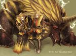  armor blonde_hair blue_eyes claws crossed_arms crossover dragon_ball dragon_ball_z electricity fang gloves highres male_focus monster monster_hunter multiple_boys nishi_yukari rajang rajang_(armor) red_eyes smile son_gokuu spiked_hair super_saiyan vegeta 