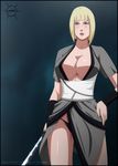  blonde_hair blue_eyes breasts cleavage hand_on_hip jmanuelc jose_manuel large_breasts mouth naruto naruto_shippuuden open samui short_hair sword weapon 