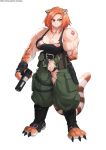  1girl animal_ears baggy_pants belt belt_pouch biceps black_gloves boots breasts cargo_pants claws cleavage combat_boots combat_knife commentary effectively_nude english_commentary explosive fewer_digits fingerless_gloves forehead full_body gao_(gaolukchup) gloves grenade gun handgun harness heart_tattoo highres holding holding_gun holding_weapon knife large_breasts medium_hair monster_girl muscle muscular_female nipples no_bra no_panties orange_hair original pants paws pistol pouch pubic_hair pussy sheath sheathed shoulder_tattoo solo standing strap_gap tail tattoo tiger_ears tiger_stripes toeless_boots torn_clothes torn_pants tsurime uncensored underwear weapon white_background 