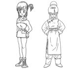  2girls angry bulma character_design chi-chi_(dragon_ball) chichi dragon_ball dragonball female happy hime_cut long_hair looking_at_viewer maeda_minoru multiple_girls no_bra simple_background sketch smile toriyama_akira white_background 