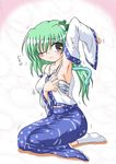  armpit armpits blush brown_eyes female green_hair japanese_clothes kochiya_sanae miko tabi touhou trembling 