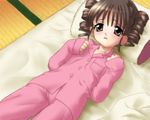  bed brown_hair drill_hair female full_moon_wo_sagashite indoors kouyama_mitsuki pajamas solo twin_drills 