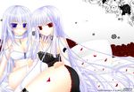  blue_eyes blush breasts flower hisuri_rii lace large_breasts lingerie petals pillow red_eyes rose underwear white_hair 