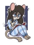  2018 aggie_(artist) anthro blue_eyes book brown_fur brown_hair buckteeth clothed clothing cub digital_media_(artwork) dormouse eyewear female fur glasses hair holding_object mammal pajama_pants pajama_shirt plushie reading rodent simple_background sitting smile solo teeth young 