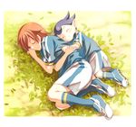  2boys blue_hair eyes_closed inazuma_eleven inazuma_eleven_(series) kiyama_hiroto kogure_yuuya kori leaf lying multiple_boys outdoors outside red_hair short_hair sleeping 