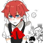  3boys bangs blue_eyes blush borr cellphone cosplay crossdressing eyebrows_visible_through_hair eyes_closed formal hibiki_yuuta holding holding_cellphone holding_phone limited_palette male_focus mejejejed multiple_boys phone red_hair school_uniform short_hair ssss.gridman suit twintails vit 