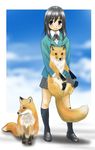  animal_ears black_hair blue_eyes blush fox fox_ears fox_tail retsu_maru school_uniform serafuku skirt tail 