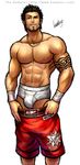  abs beard black_hair brad_burns bulge facial_hair humbuged jewelry male_focus muscle necklace pectorals raised_eyebrow shirtless shorts shorts_pull solo tattoo underwear virtua_fighter watermark web_address 