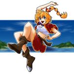  belt blonde_hair blue_eyes boots breasts chrono_(series) chrono_cross commentary_request full_body high_ponytail jacket jewelry kid_(chrono_cross) kitanokaze36 long_hair looking_at_viewer lowres midriff multi-tied_hair nature necklace open_mouth ponytail skirt sky smile solo tank_top vest 