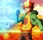  brown_hair fingerless_gloves flame gloves headphones hood hoodie katekyo_hitman_reborn katekyo_hitman_reborn! male male_focus orange_eyes sawada_tsunayoshi shirt solo torn_clothes yellow_shirt 