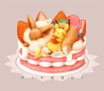  berries cake cream creatures_(company) eevee food fruit fur_collar game_freak gen_1_pokemon grey_background macaron nintendo no_humans pikachu pokemon pokemon_(creature) rikka_(rikka331) simple_background strawberry 