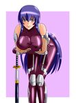  blush bodysuit breasts busujima_saeko cosplay highschool_of_the_dead igawa_asagi katana large_breasts long_hair purple_hair r-wade sword taimanin_asagi very_long_hair weapon 