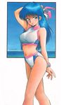  80&#039;s 80's 80s arm_up ayukawa_madoka bikini blue_eyes blue_hair blush breasts diving_mask highres kimagure_orange_road large_breasts long_hair looking_at_viewer ocean oldschool sea simple_background sky smile swimsuit t._souma watch 