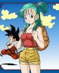  aqua_hair backpack bag bare_shoulders black_eyes black_hair blue_eyes blue_hair breasts bulma cleavage cloud dragon_ball dragonball hair_bobbles hair_ornament jpeg_artifacts kid long_hair open_mouth randoseru running shoes short_hair shorts side_ponytail smile son_goku son_gokuu strapless tail toriyama_akira yamamuro_tadayoshi 