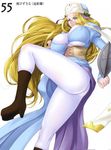  bakunyuu blonde_hair blue_eyes bodystocking boots breasts cap corset flail glasses hat highres huge_breasts long_hair looking_at_viewer melpha nun pantyhose queen&#039;s_blade queen's_blade shield skin_tight solo stockings thighhighs thighs tight tight_clothes tights weapon zundarepon 