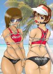  amiba00 ass ball_gag bdsm beach_volleyball bondage bound bound_torso bound_wrists brown_hair crotch_rope gag gagged multiple_girls predicament_bondage purple_eyes shibari short_hair skindentation sports_bikini sports_bra sunglasses volleyball water 