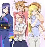  4girls banana blonde_hair breasts brown_hair busujima_saeko female food fruit highschool_of_the_dead large_breasts long_hair marikawa_shizuka miyamoto_rei multiple_girls nude pink_hair purple_hair ribonzu skirt takagi_saya twintails 