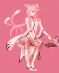  animal_ears arc_system_works bell blazblue bracelet candy cat_ears cat_tail chocolate female full_body glasses jewelry kokonoe kzm_(acidloops) labcoat lollipop long_hair multiple_tails pants pink_hair ponytail ribbon sandals simple_background sitting solo tail yellow_eyes yellow_ribbon 