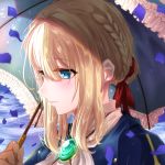  bangs blonde_hair blue_eyes blue_jacket blush bouquetforangel braid brooch brown_gloves close-up closed_mouth commentary_request face falling_petals gloves hair_between_eyes hair_bun hair_intakes hair_ribbon highres holding holding_umbrella jacket jewelry necklace parasol petals red_ribbon ribbon sidelocks umbrella violet_evergarden violet_evergarden_(character) white_neckwear 