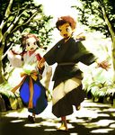  2boys animal belt brown_hair chagum child forest genda happy japanese_clothes kimono male male_focus multiple_boys nature open_mouth outdoors outside running seirei_no_moribito sunlight time_paradox 