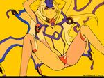  arms_up blazblue blonde_hair expressionless legs_up leotard long_hair looking_at_viewer lying mu-12 on_back red_eyes simple_background solo spread_legs tomotototo very_long_hair yellow_background yellow_leotard 