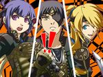  ! 2boys atlus atoripy black_hair blonde_hair blue_eyes brown_eyes eyepatch female gensou_suikoden gensou_suikoden_v georg_prime hair_over_one_eye headband kyle long_hair male miakis military military_uniform multiple_boys one_eye_closed open_mouth parody persona persona_4 purple_eyes purple_hair suikoden suikoden_v sword uniform weapon wink 