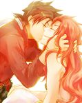  2boys ^_^ androgynous bare_shoulders blush brown_hair couple eyes_closed hand_in_hair hand_on_knee kiss lloyd_irving long_hair male male_focus male_only managi multiple_boys open_mouth profile red_hair short_hair simple_background smile tales_of_(series) tales_of_symphonia yaoi zelos_wilder 