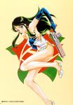  black_hair blue_eyes breasts china_dress chinese_clothes dress elbow_gloves giant_robo ginrei_(giant_robo) gloves green_hair gun highres long_hair medium_breasts nas-o official_art scan side_slit solo torn_clothes weapon 