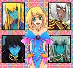  bare_shoulders blonde_hair blue_eyes blush_stickers bm_(natakus) breasts choker commentary_request dark_magician dark_magician_girl dark_skin dark_skinned_male duel_monster green_eyes long_hair looking_at_viewer multiple_boys yuu-gi-ou yuu-gi-ou_duel_monsters 