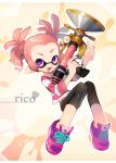  1girl :d black_pants domino_mask fang full_body heart holding inkling long_sleeves looking_at_viewer mask o_(maru14mori) open_mouth pants pink_footwear pink_hair pointy_ears purple_eyes shirt shoelaces shoes short_hair smile sneakers solo splatoon splatoon_(series) splatoon_2 sploosh-o-matic_(splatoon) striped striped_shirt tentacle_hair twintails 