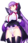  1girl bangs bb_(fate)_(all) bb_(fate/extra_ccc) black_coat black_footwear black_skirt blush boots breasts empty_eyes fate/extra fate/extra_ccc fate_(series) gloves hair_ribbon high-waist_skirt hip_focus large_breasts leotard long_hair long_sleeves looking_at_viewer mckeee neck_ribbon puffy_nipples purple_hair red_eyes red_ribbon ribbon simple_background skirt skirt_lift smile solo thigh_boots thighhighs thighs very_long_hair white_background white_gloves white_leotard wide_sleeves 