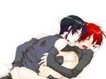  2boys bed bitte black_hair blood blush breath detached_sleeves dominant_uke grey_eyes lying multiple_boys on_back open_mouth red_hair riding saliva scratching shirt_lift wince yaoi yellow_eyes 