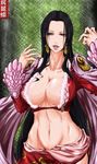  amazon amazon_lily big_breasts black_eyes black_hair boa_hancock breasts cape center_opening cleavage earrings epaulettes female jewelry large_breasts long_hair madhatter_hello midriff nail_polish navel no_bra one_piece open_mouth shichibukai solo 